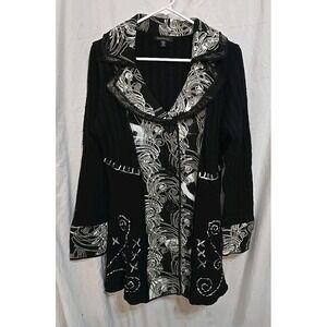 Parkhurst‎ Long Black/white Button-Up Cardigan W/yarn Swirl Design Women's Sz L